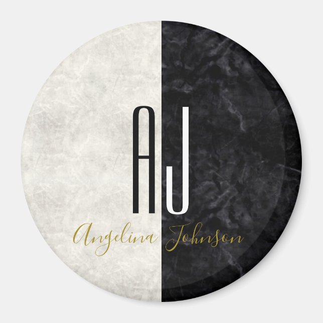 Marble Black and White Giant Initials Monogram Magnet (Front)