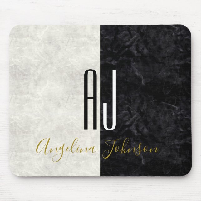 Marble Black and White Initials Monogrammed Mouse Pad (Front)