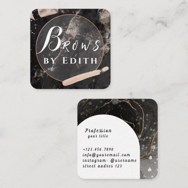 Marble Black Luxury Glitter Brows Square Business Card (Front/Back)