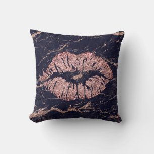 Marble Black Rose Glitter Kiss Lips Grey Metallic Cushion