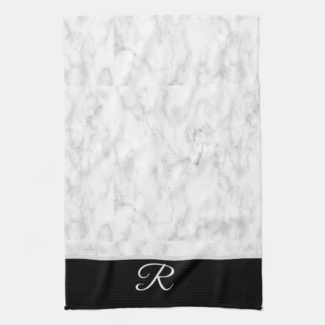 Marble Black White Style Monogram Personalised Tea Towel (Vertical)