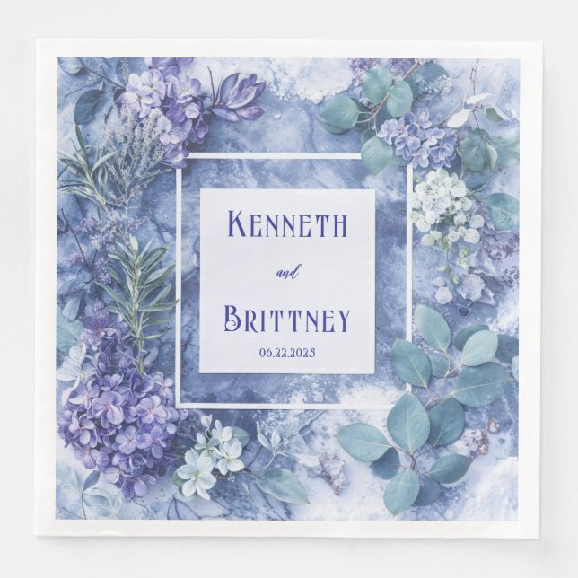 Marble Blue Lavender Hydrangea Winter Wedding Napkin (Front)