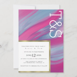 Marble Blue Pink Wash Typography Wedding Invitation