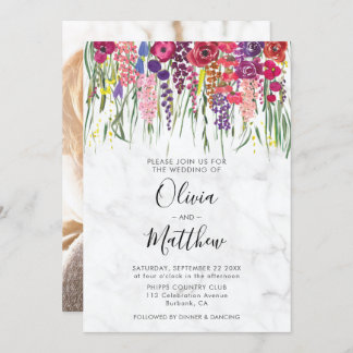 Marble Boho Acrylic Flowers Photo Wedding Invitation