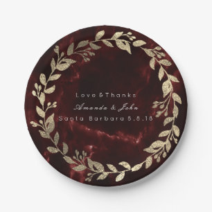 Marble Burgundy Red Gold Custom Floral Wreath Paper Plate