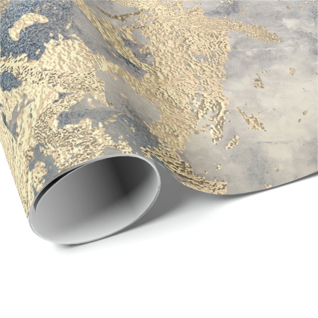 Marble Champaigne Gold Grey Blue Metal Stroke Wrapping Paper (Roll Corner)