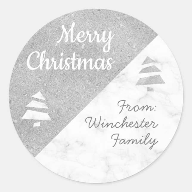Marble Christmas Tree (Metallic: Silver) Classic Round Sticker (Front)