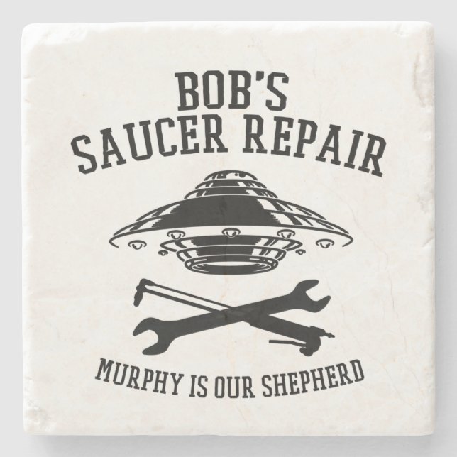 marble coaster with Bob's Saucer Repair logo (Front)