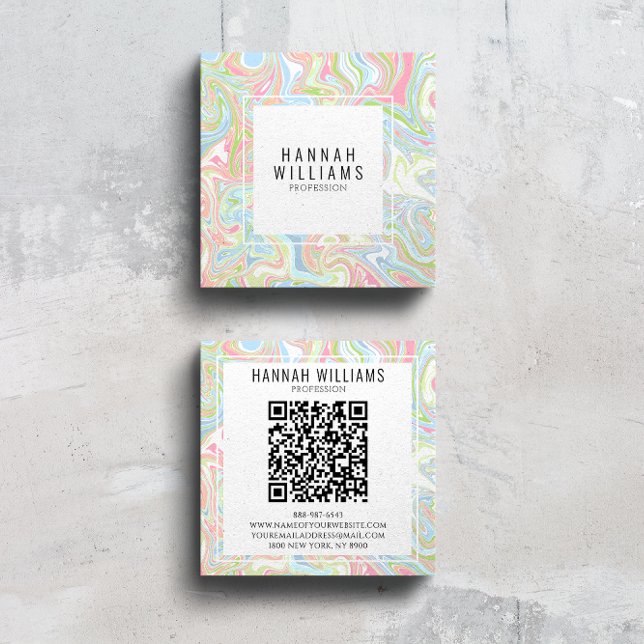 Marble Colourful Rainbow QR Code Liquid Boho Moder Square Business Card (Creator Uploaded)