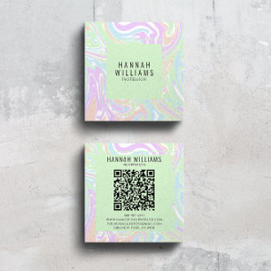 Marble Colourful Rainbow QR Code Liquid Boho Squar Square Business Card