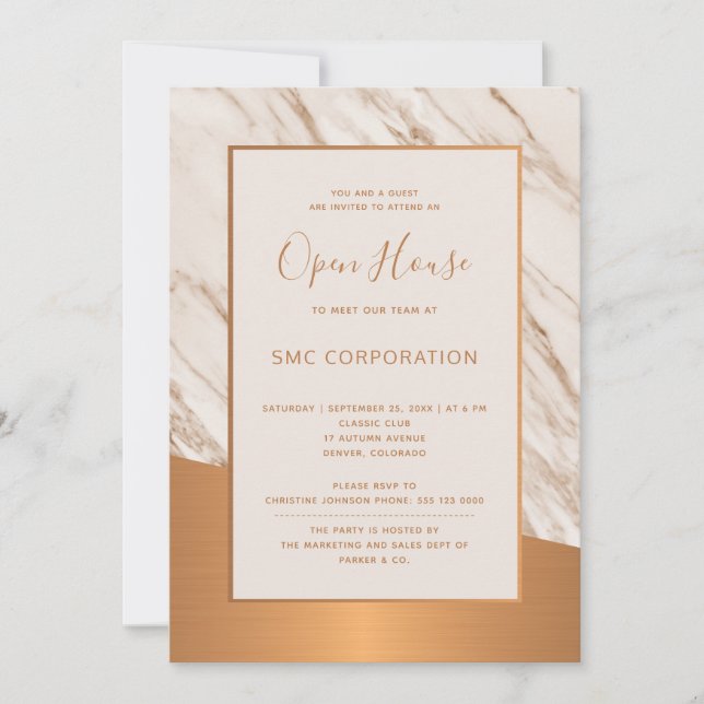 Marble copper formal corporate open house invitation (Front)