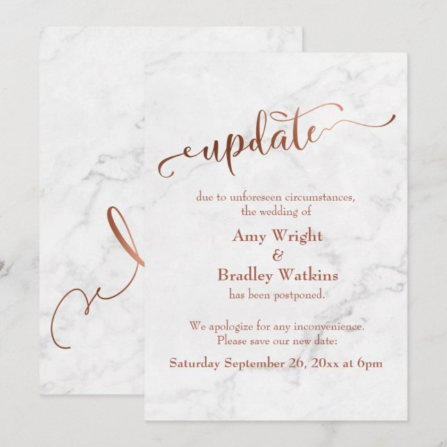 Marble Copper Postponed Wedding "Update" Invitation (Front/Back)