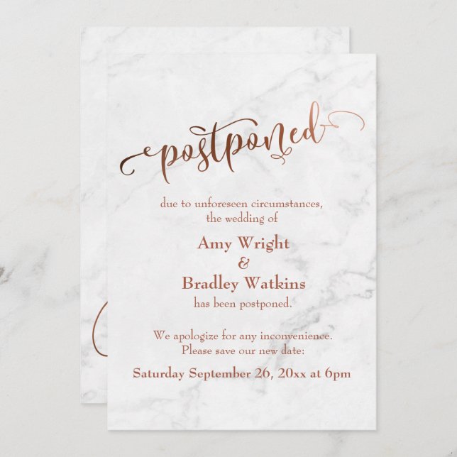 Marble Copper Typography Postponed Wedding Invitation (Front/Back)