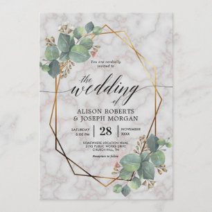 Marble eucalyptus gold geometric frame invitation