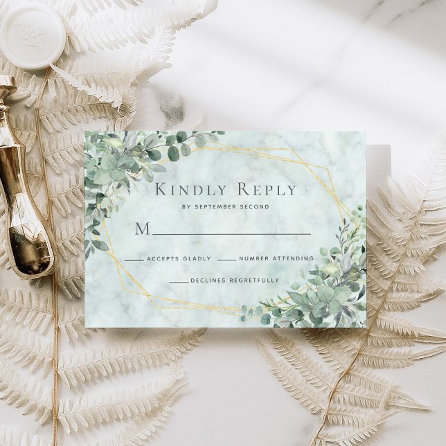 Marble Eucalyptus Greenery Gold Geometric Wedding RSVP Card (Creator Uploaded)