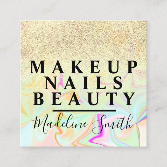   Marble Faux Glitter Holograph Makeup Artist Nail Square Business Card (Front)