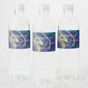 Marble Faux Gold Blue Wedding   Water Bottle Label