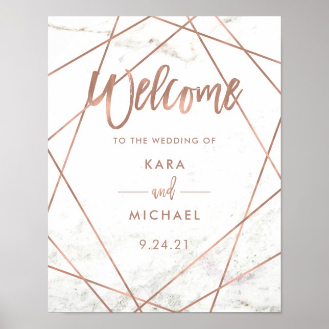Marble Faux Rose Gold Geometric Wedding Welcome Poster (Front)