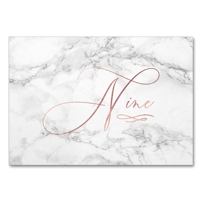 Marble Faux Rose Gold Romantic Calligraphy Nine 9 Table Number (Front)