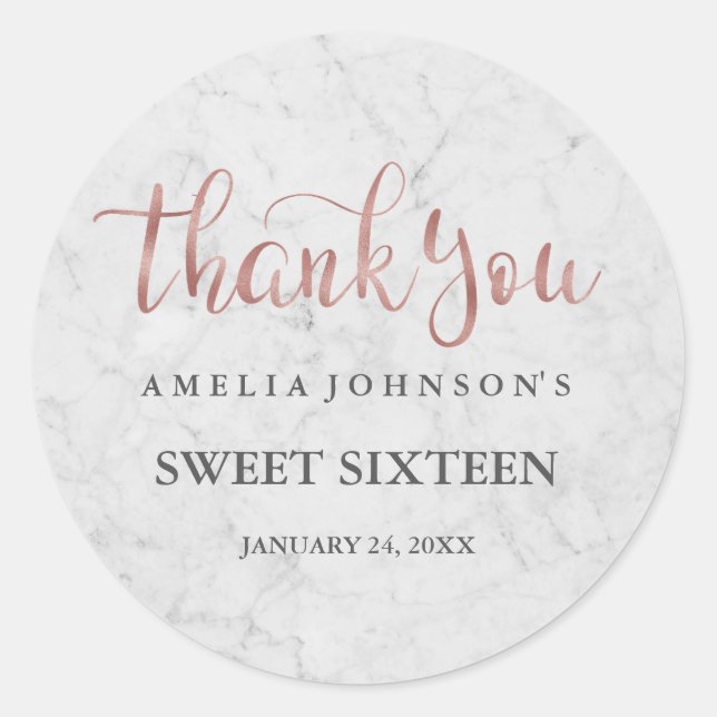 Marble Faux Rose Gold Thank You Sweet Sixteen Classic Round Sticker (Front)