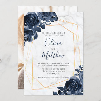 Marble Geometric Gold Blue Roses Photo Wedding Invitation