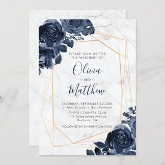 Marble Geometric Gold Blue Roses Wedding Invitation