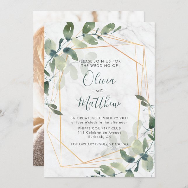 Marble Geometric Gold Eucalyptus Photo Wedding Invitation (Front/Back)