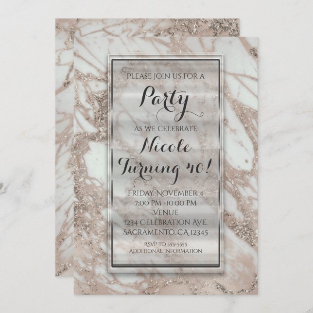 Marble Glam Rose Pink Gold Silver Party Invitation (Front/Back)