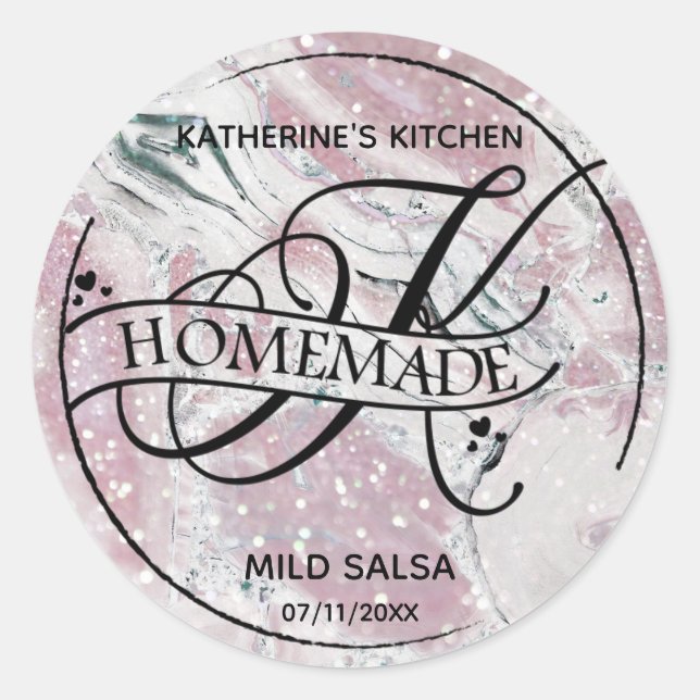 Marble Glitter Monogram K Homemade Product Labels (Front)