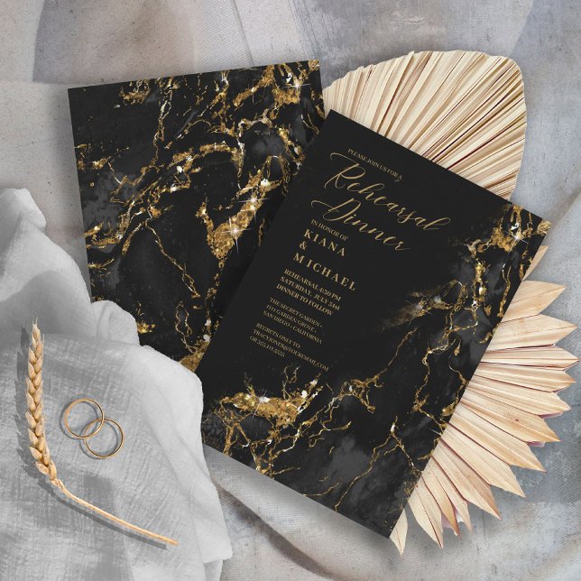 Marble Glitter Rehearsal Black Gold ID644 Invitation (Front/Back In Situ)