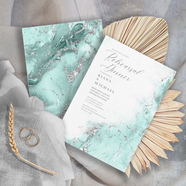 Marble Glitter Rehearsal Teal Silver ID644 Invitation (Front/Back In Situ)