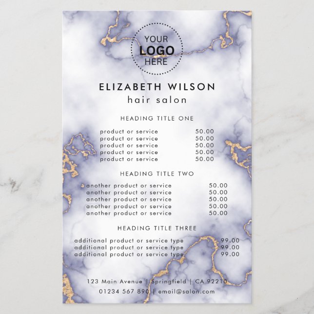 Marble Glitter | Simple Salon Service Menu Flyer (Front)