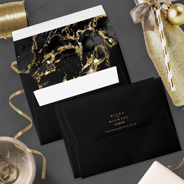 Marble Glitter Wedding Black Gold ID644 Envelope (Interior/Back In Situ)