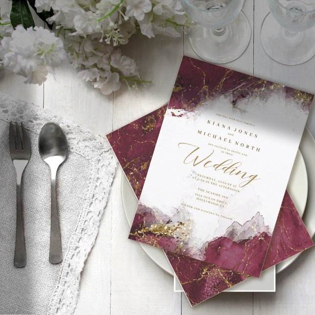 Marble Glitter Wedding Burgundy Gold ID644 Invitation (Creator Uploaded)