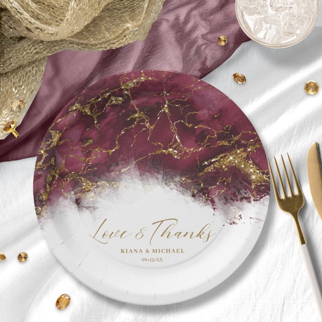 Marble Glitter Wedding Burgundy Gold ID644 Paper Plate (Creator Uploaded)