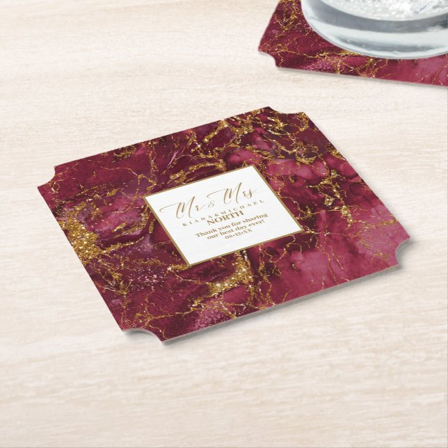 Marble Glitter Wedding Mr & Mrs Burgundy ID644 Paper Coaster (Angled)