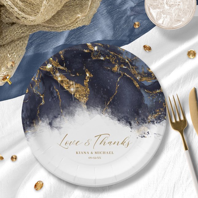 Marble Glitter Wedding Navy Blue Gold ID644 Paper Plate (Creator Uploaded)