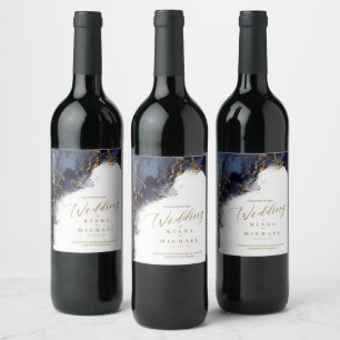Marble Glitter Wedding Navy Blue Gold ID644 Wine Label