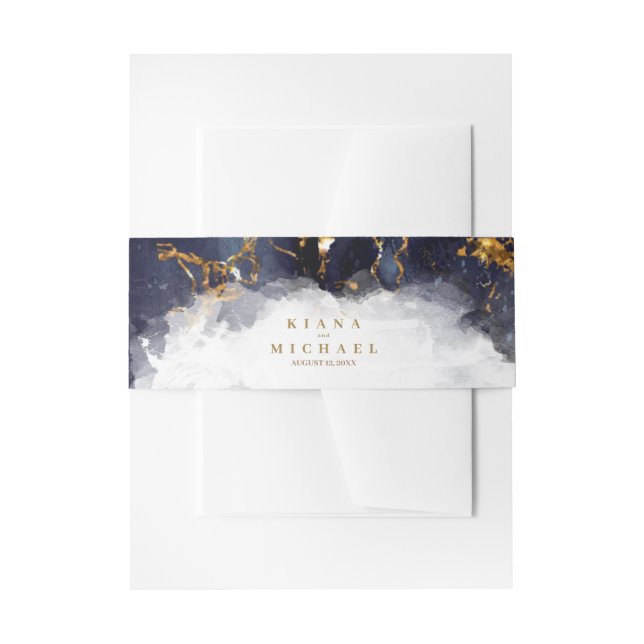 Marble Glitter Wedding Navy Blue Gold V1 ID644 Invitation Belly Band (Front Example)