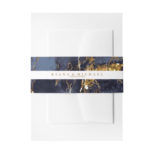 Marble Glitter Wedding Navy Blue Gold V2 ID644 Invitation Belly Band (Front Example)