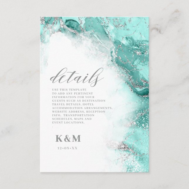 Marble Glitter Wedding Teal Silver ID644 Enclosure Card (Front)
