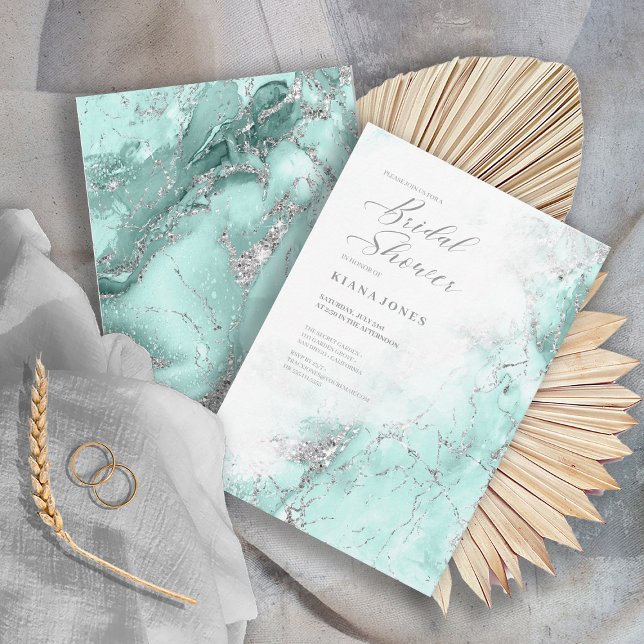 Marble Glitter Wedding Teal Silver ID644 Invitation (Front/Back In Situ)