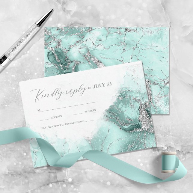 Marble Glitter Wedding Teal Silver ID644 RSVP Card (Creator Uploaded)