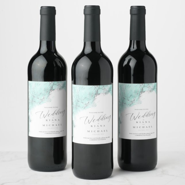Marble Glitter Wedding Teal Silver ID644 Wine Label (Bottles)