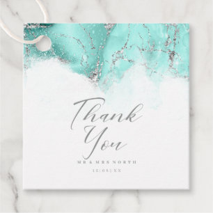 Marble Glitter Wedding Thanks Teal Silver ID644 Favour Tags