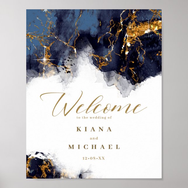 Marble Glitter Wedding Welcome Navy Blu Gold ID644 Poster (Front)