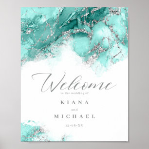 Marble Glitter Wedding Welcome Teal Silver ID644 Poster
