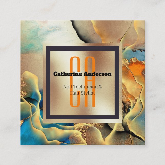 Marble gold blue orange ink smoke monogram square business card (Front)