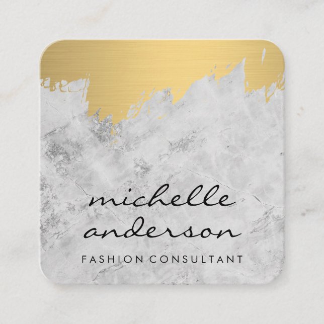 Marble | Gold Brushed Damask Pattern Square Business Card (Front)