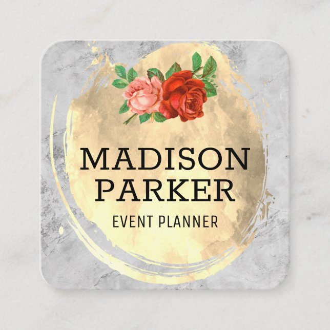 Marble | Gold Brushed Roses | Classic Square Business Card (Front)